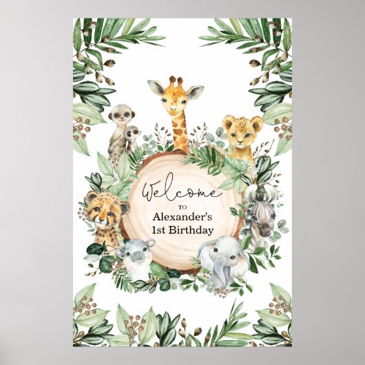 Wild Safari Animals Rustic Greenery Birthday Baby Poster (Voorkant)