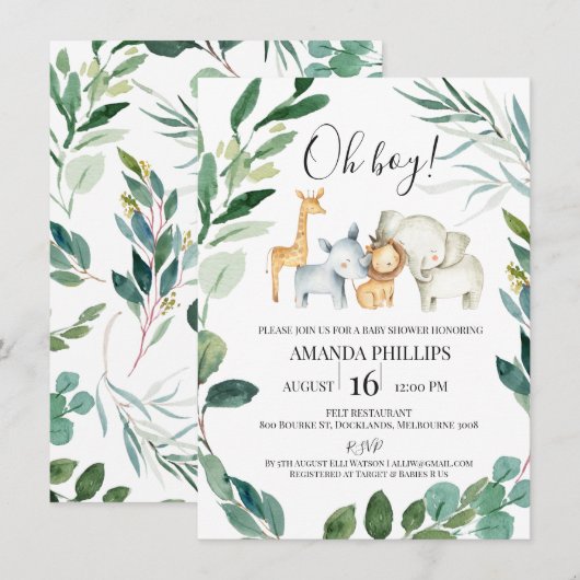 Wild Safari Animals Wreator Baby shower Invitation Kaart (Voorkant / Achterkant)