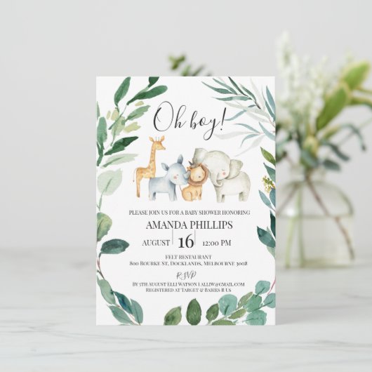 Wild Safari Animals Wreator Baby shower Invitation Kaart (Staand voorkant)