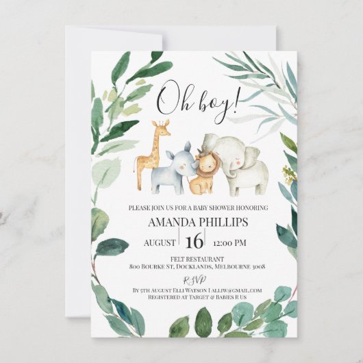 Wild Safari Animals Wreator Baby shower Invitation Kaart (Voorkant)