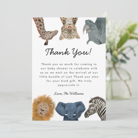 Wild Safari Dieren Baby shower Genderneutraal Bedankkaart (Staand voorkant)
