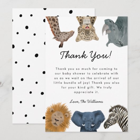 Wild Safari Dieren Baby shower Genderneutraal Bedankkaart (Voorkant / Achterkant)