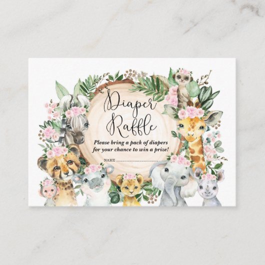 Wild Safari Dieren Meisje Baby shower Luier Raffle Informatiekaartje (Voorkant)
