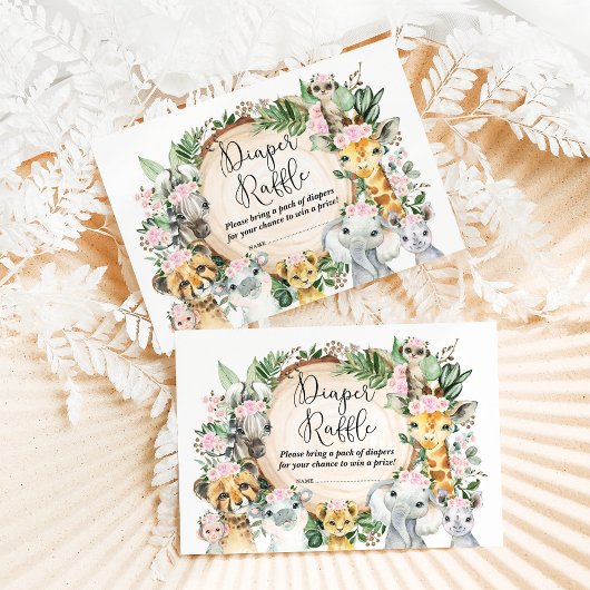 Wild Safari Dieren Meisje Baby shower Luier Raffle Informatiekaartje