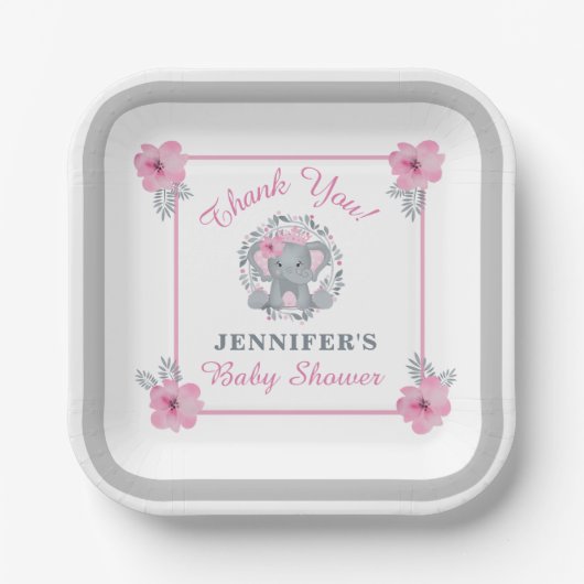 Wild Safari Elephant Pink Floral Baby shower Papieren Bordje (Voorkant)