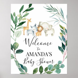 Wild Safari Foliage Wreath Baby shower Welcome Poster
