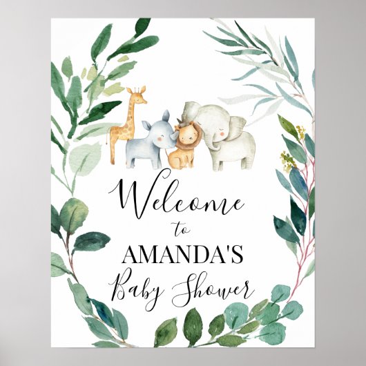 Wild Safari Foliage Wreath Baby shower Welcome Poster (Voorkant)