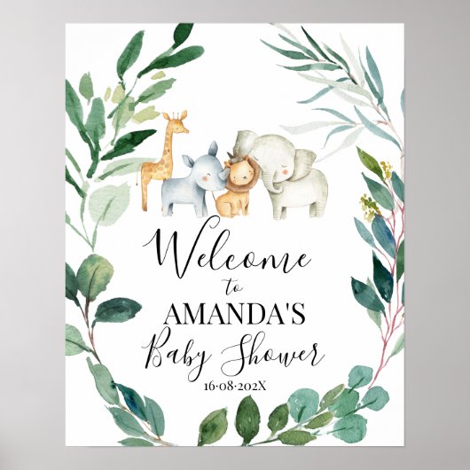 Wild Safari Greenery Wreath Baby shower Welkom Poster (Voorkant)
