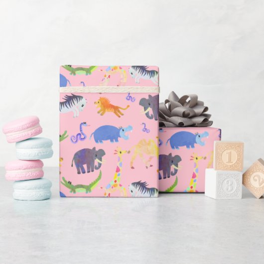 Wild Safari op roze inpakpapier (Baby Shower)