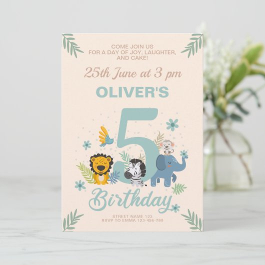 Wild Safari Pastel vijfde verjaardag Kaart (Staand voorkant)