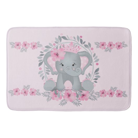 Wild Safari Pink Floral Baby Elephant Baby Nursery Badmat (Voorkant)