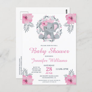 Wild Safari Pink Floral Elephant Baby shower Invit Briefkaart