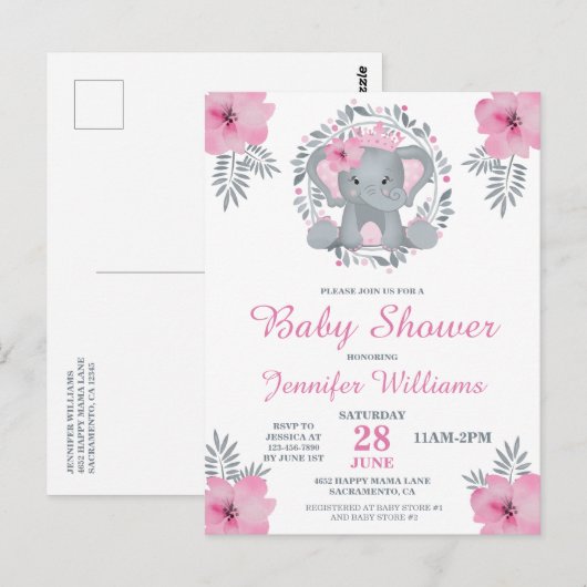 Wild Safari Pink Floral Elephant Baby shower Invit Briefkaart (Voorkant / Achterkant)