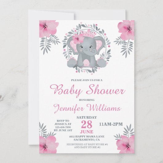 Wild Safari Pink Floral Elephant Baby shower Kaart (Voorkant)