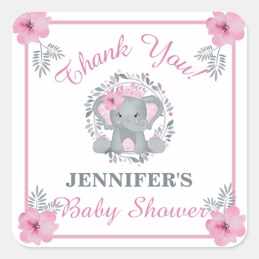 Wild Safari Pink Floral Elephant Baby shower Vierkante Sticker (Voorkant)