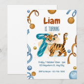 Wild & Schattige Tiger 7e Verjaardag Uitnodiging (Voorkant / Achterkant)
