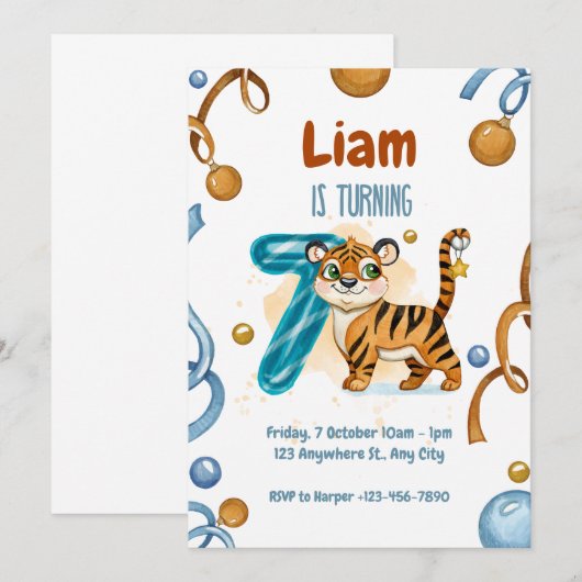 Wild & Schattige Tiger 7e Verjaardag Uitnodiging (Voorkant / Achterkant)