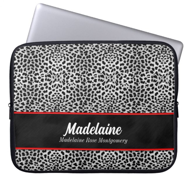 Wild Silver Cheetah Print met Red Accents Laptop Sleeve (Voorkant)