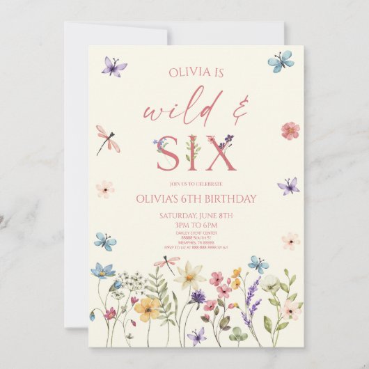 Wild & Six Wildflower Floral 6th Birthday Party Kaart (Voorkant)