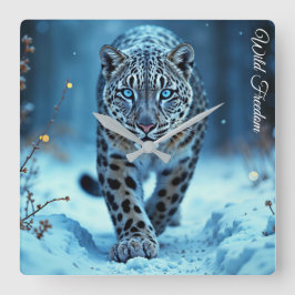 Wild sneeuwluipaard wandelen vorst betoverd bos vierkante klok