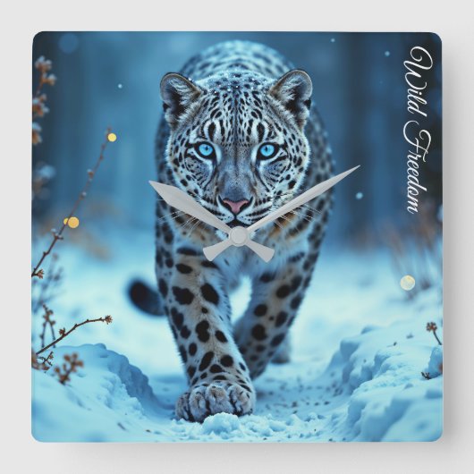 Wild sneeuwluipaard wandelen vorst betoverd bos vierkante klok (Voorkant)
