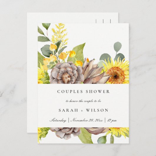 WILD SUNFLOWER EUCALYPTUS PINE FLORA COUPLE SHOWER UITNODIGING BRIEFKAART (Voorkant / Achterkant)