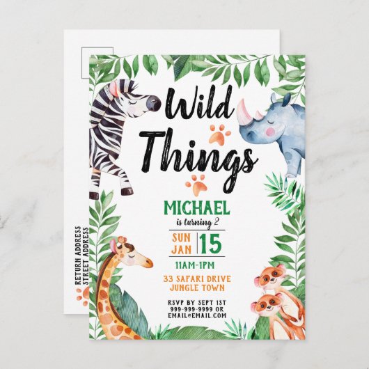 Wild Things Safari Animal Kids Uitnodiging voor ve (Voorkant / Achterkant)