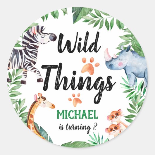 Wild Things Safari Dier Kids Verjaardagsfeest Ronde Sticker (Voorkant)