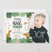 Wild Three Dino Party Boy Gold Dinosaur Birthday Kaart (Voorkant)