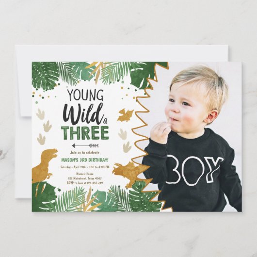 Wild Three Dino Party Boy Gold Dinosaur Birthday Kaart