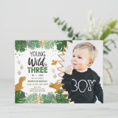 Wild Three Dino Party Boy Gold Dinosaur Birthday Kaart