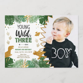 Wild Three Dino Party Boy Gold Dinosaur Birthday Kaart