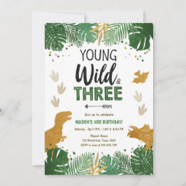 Wild Three Dino Party Boy Gold Dinosaur Birthday Kaart