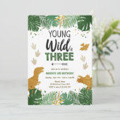 Wild Three Dino Party Boy Gold Dinosaur Birthday Kaart (Staand voorkant)