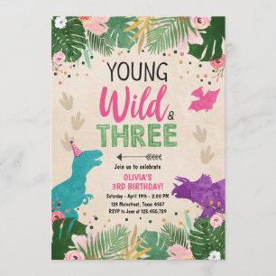 Wild Three Dino Party Girl Pink Dinosaur Birthday Kaart