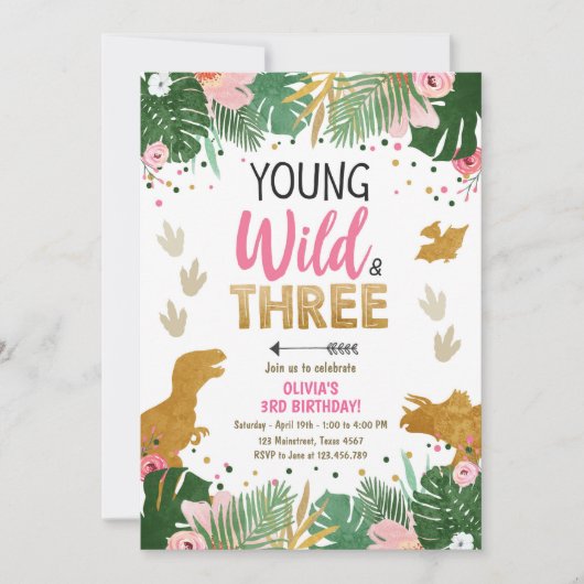 Wild Three Dino Party Girl Pink Dinosaurus Verjaar Kaart (Voorkant)