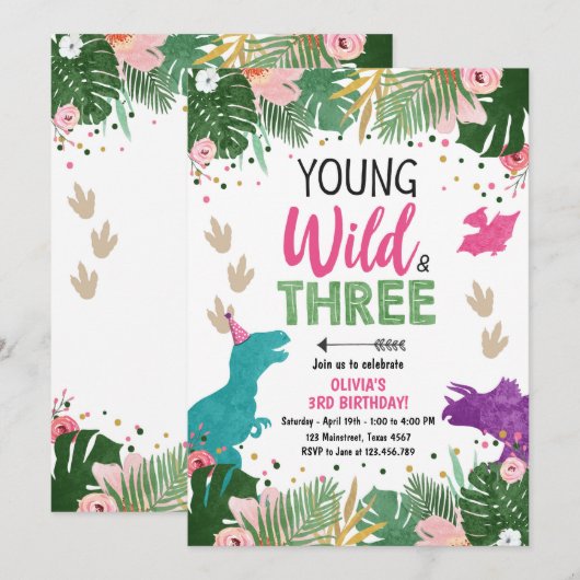 Wild Three Dino Party Girl Pink Dinosaurus Verjaar Kaart (Voorkant / Achterkant)