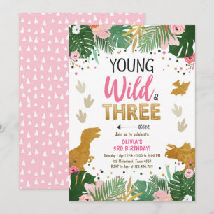 Wild Three Dino Party Girl Pink Dinosaurus Verjaar Kaart