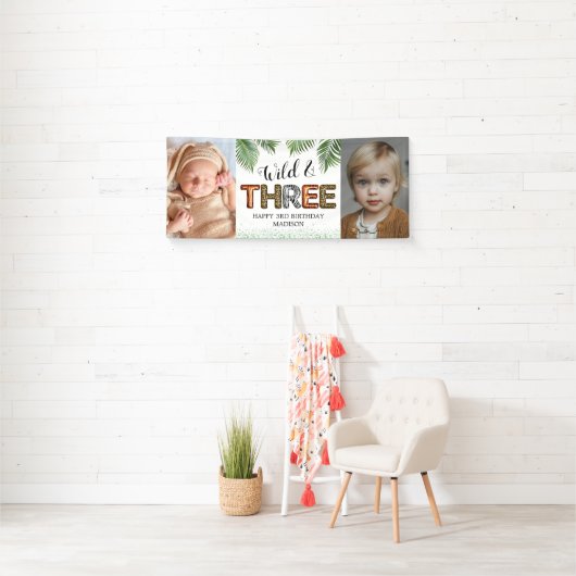 Wild Three Safari Oerwoud 3rd Birthday Photo Banne Spandoek (Insitu)