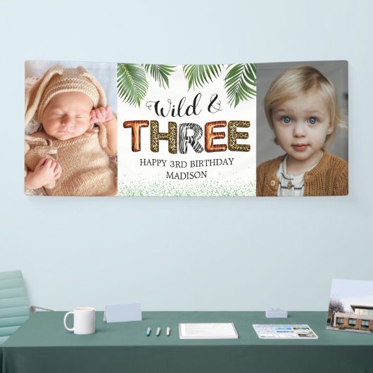 Wild Three Safari Oerwoud 3rd Birthday Photo Banne Spandoek (Beurs)