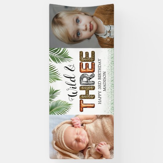 Wild Three Safari Oerwoud 3rd Birthday Photo Banne Spandoek (Verticaal)