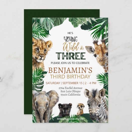Wild & Three Safari verjaardagsuitnodiging Kaart (Voorkant / Achterkant)