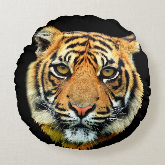 Wild Tiger Animal Face op Black Rond Kussen (Voorkant)