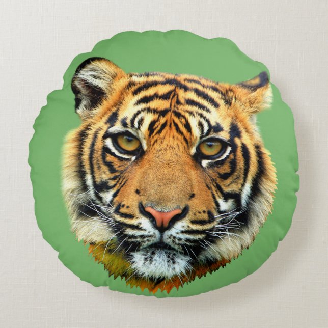 Wild Tiger Animal Face op Green Rond Kussen (Voorkant)
