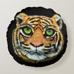 Wild Tiger Face op Black Round Pillow Rond Kussen