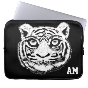 Wild Tiger Face op zwarte monogrammed-laptophoes Laptop Sleeve