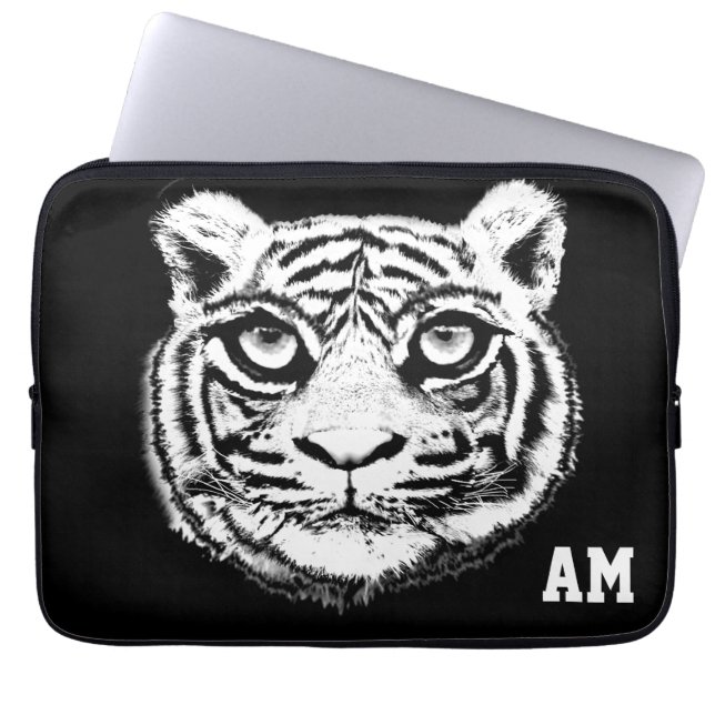 Wild Tiger Face op zwarte monogrammed-laptophoes Laptop Sleeve (Voorkant)