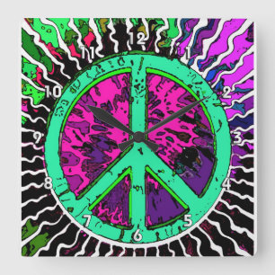 Wild Trippy Hippie Peace Sign Vierkante Klok