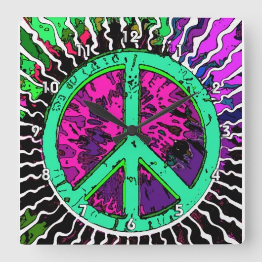 Wild Trippy Hippie Peace Sign Vierkante Klok (Voorkant)
