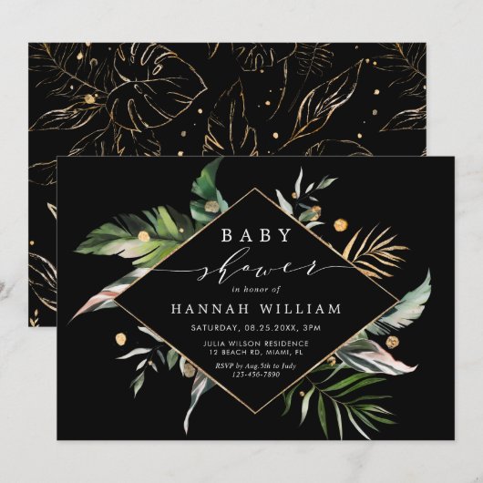 Wild Tropical Foliage Black Baby shower Kaart (Voorkant / Achterkant)
